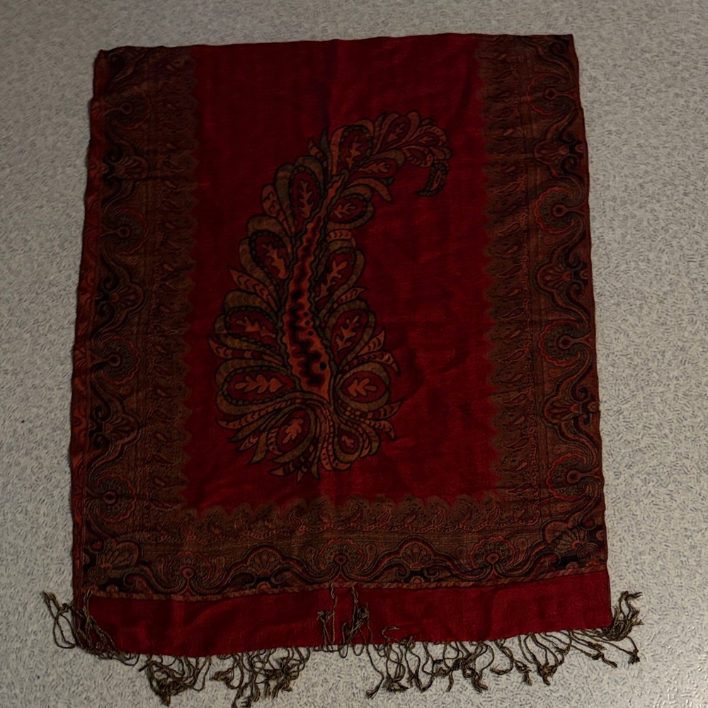 Rich Red Paisley Fringe Shawl